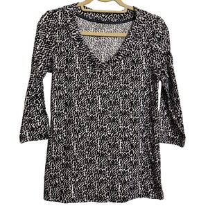 Nicole Miller New York Womens Black White Souk Print V-Neck 3/4 Sleeve Top L